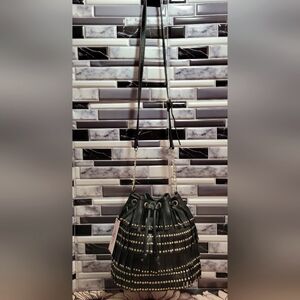 Juicy Couture Drawstring Purse Black Tassel Fringe With Gold Beads NWT